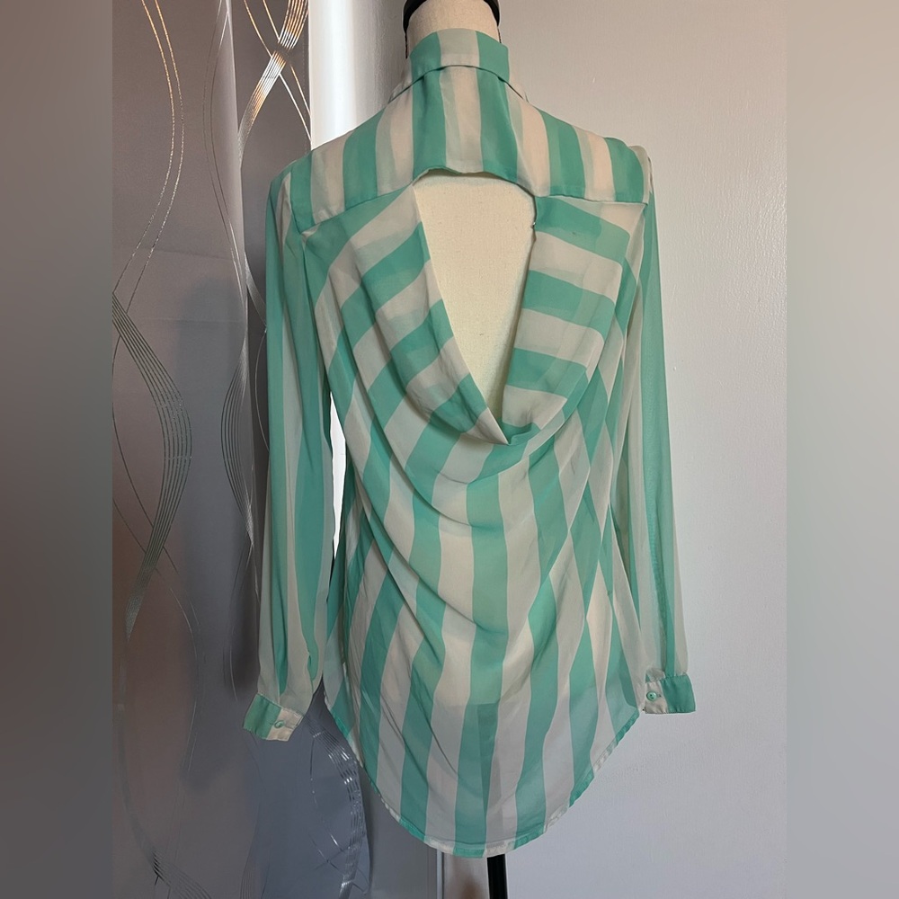 Aqua and White Striped Button-Down Shirt long sleeved